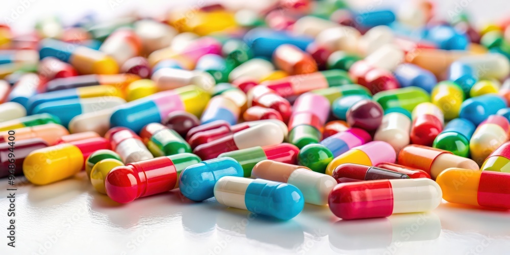 A close-up of various colorful pills and capsules scattered on a white surface , pharmaceutical, healthcare A close-up of various colorful pills and capsules scattered on a white surface , pharmaceutical, healthcare