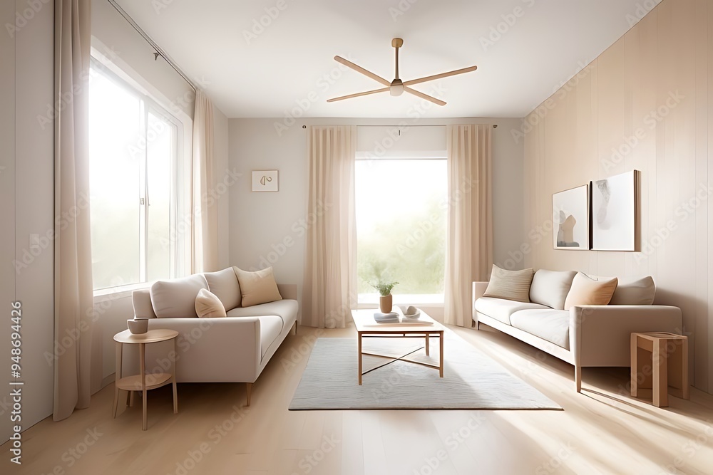 Fototapeta premium Modern living room with beige worn-effect wall and large window in pastel and deep beige hues.