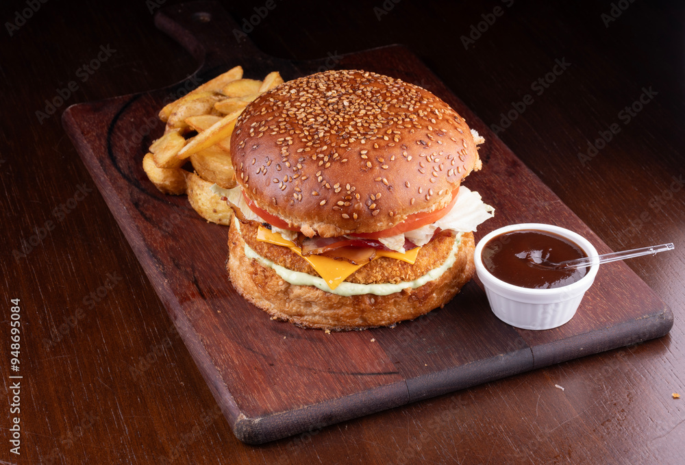 Breaded chicken burger with bacon, lettuce and tomato and potatoes on a wooden board Breaded chicken burger with bacon, lettuce and tomato and potatoes on a wooden board