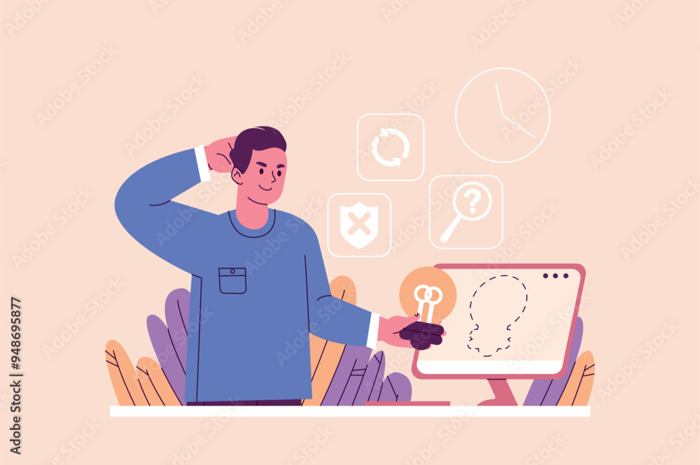 Plagiarism concept with people scene in the flat cartoon design. Illustration of a young man holding a light bulb and looking sly, symbolizing stealing someone else's idea. Vector illustration. Plagiarism concept with people scene in the flat cartoon design. Illustration of a young man holding a light bulb and looking sly, symbolizing stealing someone else's idea. Vector illustration.