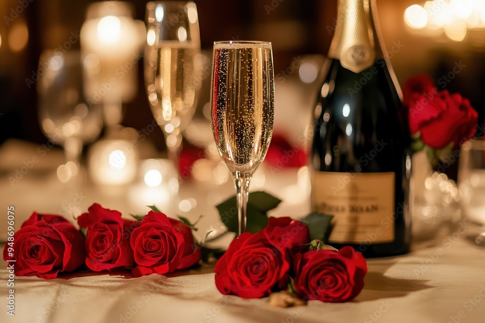 Champagne bottle and roses elegantly arranged on a table, creating a romantic and celebratory ambiance with generative ai Champagne bottle and roses elegantly arranged on a table, creating a romantic and celebratory ambiance with generative ai