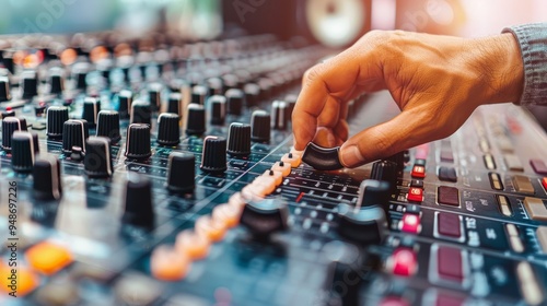 Sound engineer fine tuning audio levels at music festival with dj mixer for optimal performance