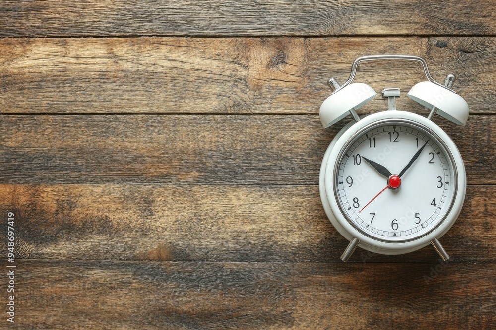 Change time. Summer time concept, on a wooden background. A white alarm clock with a minute hand indicates that the time has been moved forward an hour with copy space with generative ai Change time. Summer time concept, on a wooden background. A white alarm clock with a minute hand indicates that the time has been moved forward an hour with copy space with generative ai