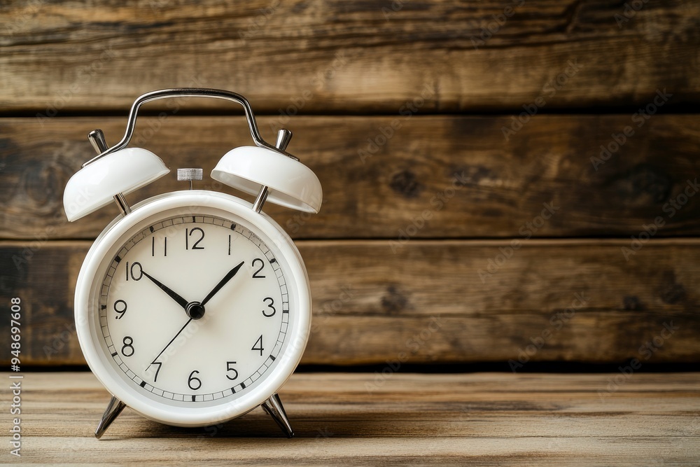 Change time. Summer time concept, on a wooden background. A white alarm clock with a minute hand indicates that the time has been moved forward an hour with copy space with generative ai Change time. Summer time concept, on a wooden background. A white alarm clock with a minute hand indicates that the time has been moved forward an hour with copy space with generative ai