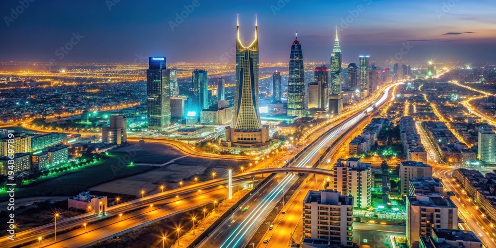 Fototapeta premium Detailed image of Saudi Arabia at night showcasing city lights, highways, and prominent landmarks , Saudi Arabia
