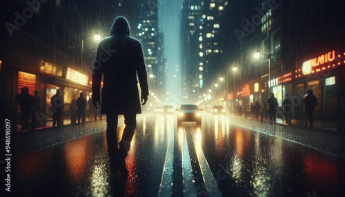 Suspenseful Moment on a Rain-Soaked City Street with Dramatic Lighting