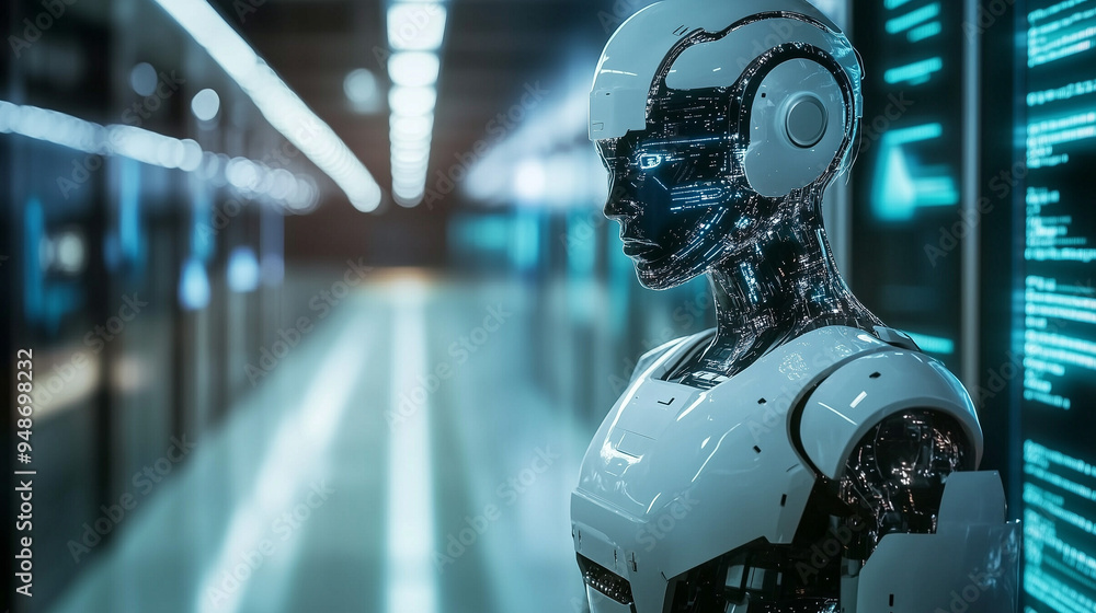 Fototapeta premium Zaawansowana sztuczna inteligencja z perspektywy technologicznej osobliwości, wykorzystująca algorytmy głębokiego uczenia się do kształtowania przyszłości. 