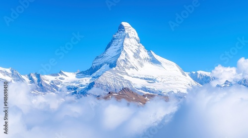 Matterhorn Majesty, breathtaking view of Matterhorn peak under a dramatic blue sky with clouds, captured from Gornergrat overlooking Zermatt, Switzerland's stunning landscape.