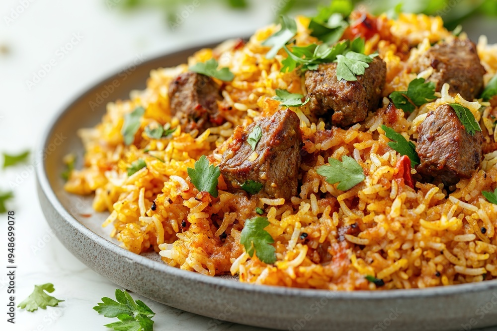 Close-up of spicy Indian biryani with meat and herbs Close-up of spicy Indian biryani with meat and herbs