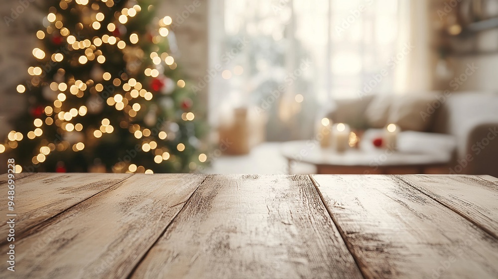 A vacant table with a minimalist decor, a blurry background of a warm living room, and a snow-covered Christmas tree with lights. A blank space for advertising or displaying products. A vacant table with a minimalist decor, a blurry background of a warm living room, and a snow-covered Christmas tree with lights. A blank space for advertising or displaying products.