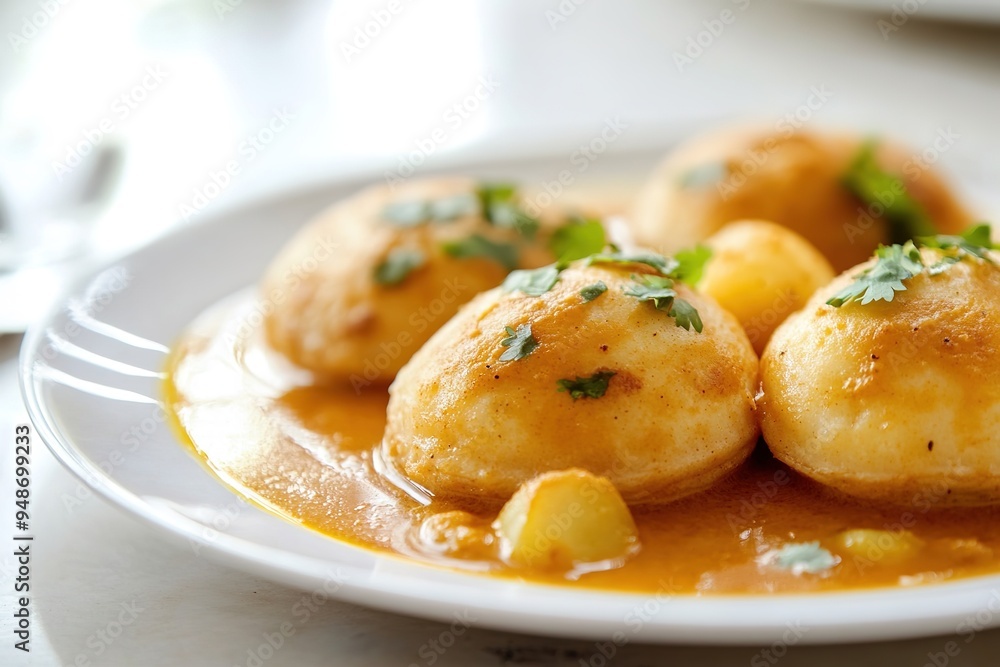 Close-up of delicious Indian Dum Aloo on white plate Close-up of delicious Indian Dum Aloo on white plate