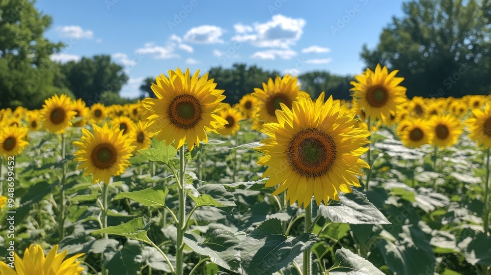 A vibrant sunflower field under a bright blue sky, showcasing the rich yellow petals and the contrasting green stems in full bloom A vibrant sunflower field under a bright blue sky, showcasing the rich yellow petals and the contrasting green stems in full bloom