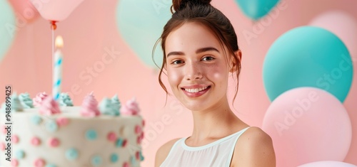 Smiling young woman holding a birthday cake with a single lit candle against pastel balloon background.