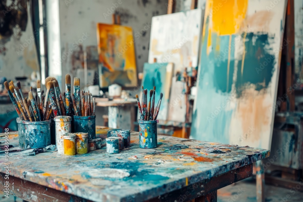 Vibrant Artist's Studio with Paintbrushes and Abstract Art