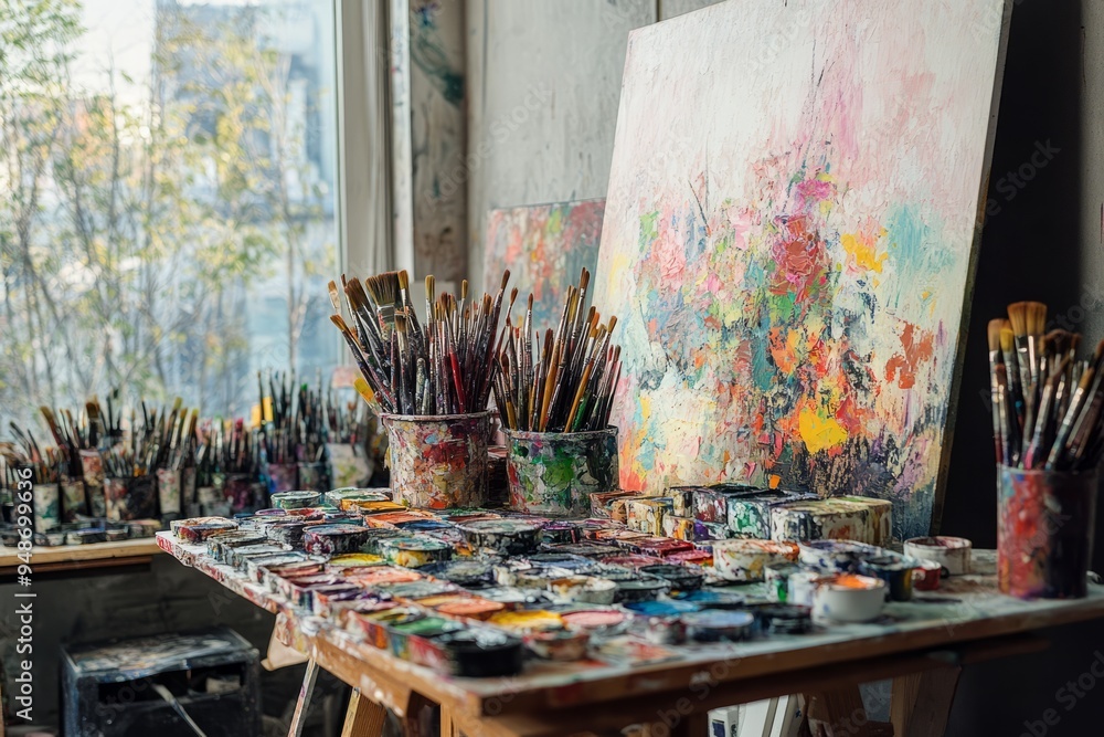 Vibrant Artist's Studio with Paint Supplies