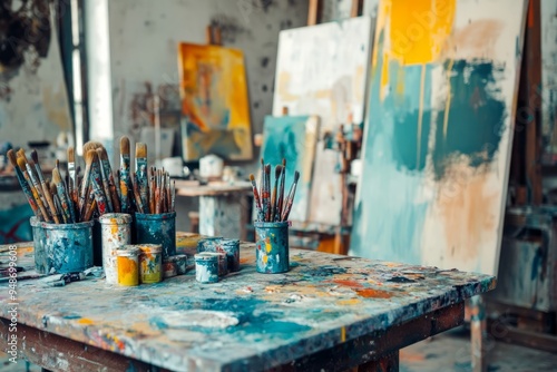 Obraz na płótnie Vibrant Artist's Studio with Paintbrushes and Abstract Art w salonie