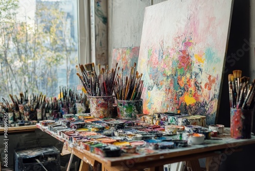 Obraz na płótnie Vibrant Artist's Studio with Paint Supplies w salonie
