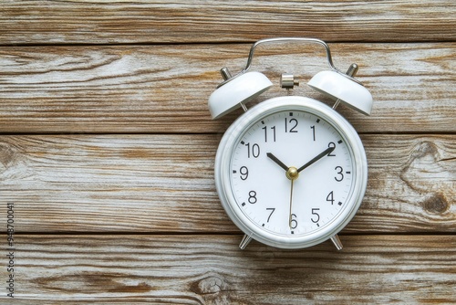 Wallpaper Mural Change time. Summer time concept, on a wooden background. A white alarm clock with a minute hand indicates that the time has been moved forward an hour with copy space with generative ai Torontodigital.ca