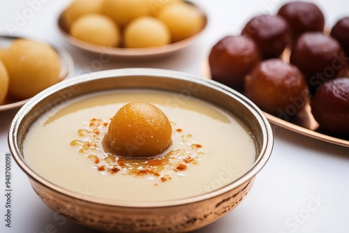 Golden Gulab Jamun in creamy syrup, traditional Indian sweets in photo