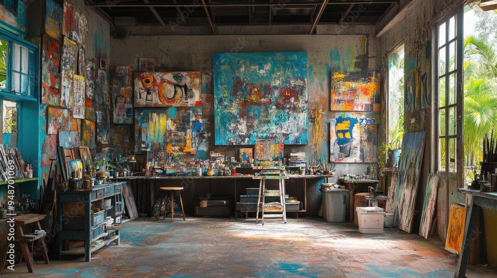An art studio with a wooden floor and a large window looking out onto a lush garden, the walls are lined with large abstract paintings and the room is filled with art supplies. An art studio with a wooden floor and a large window looking out onto a lush garden, the walls are lined with large abstract paintings and the room is filled with art supplies.