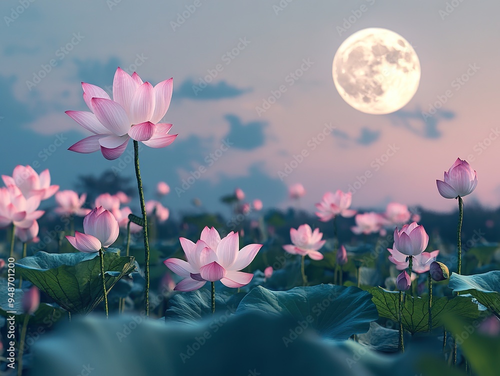 Obraz premium The full moon hangs high in the sky, and pink lotus flowers bloom on green leaves by nightfall. Pink petals dance gracefully with soft lighting