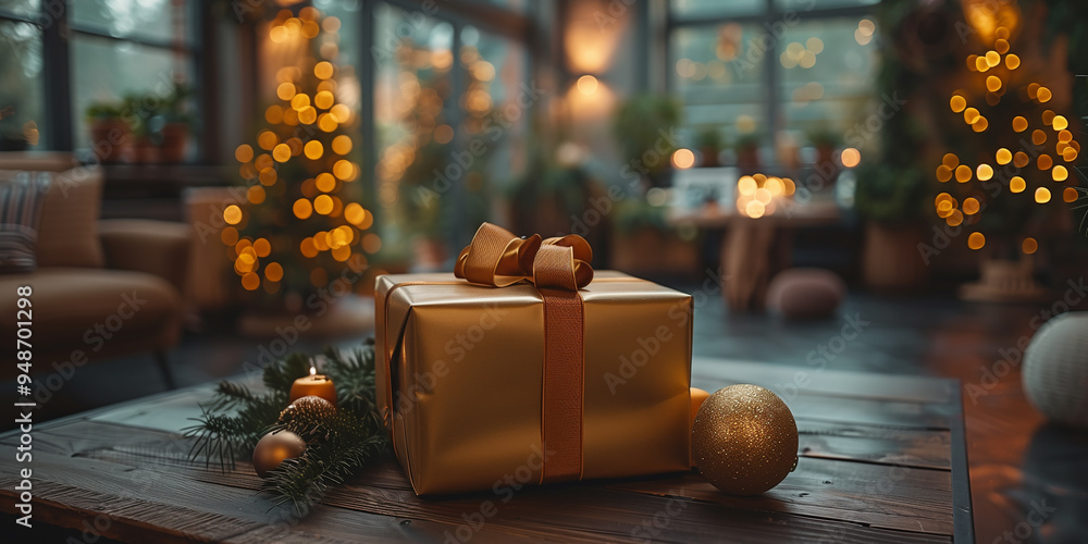 Gift box with a bow on a table, blurred Christmas tree in the background. Christmas lights, holiday season, Christmas presents, shopping, festive decorations, Christmas night. Gift box with a bow on a table, blurred Christmas tree in the background. Christmas lights, holiday season, Christmas presents, shopping, festive decorations, Christmas night.