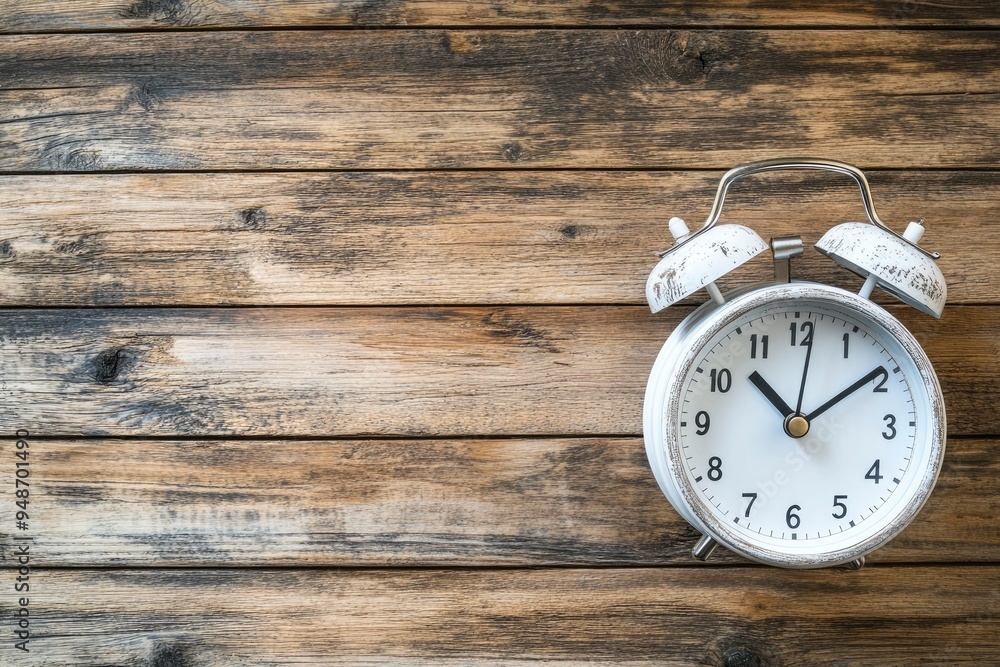 Change time. Summer time concept, on a wooden background. A white alarm clock with a minute hand indicates that the time has been moved forward an hour with copy space with generative ai Change time. Summer time concept, on a wooden background. A white alarm clock with a minute hand indicates that the time has been moved forward an hour with copy space with generative ai