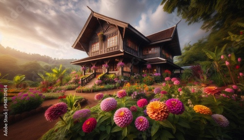 Traditional Wooden House with Flower Garden in Front