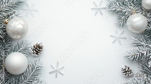 Świąteczne tło z białymi dekoracjami i motywami choinkowymi. Kulki świąteczne oraz płatki śniegu w białej kolorystyce tworzą eleganckie i nowoczesne tło
