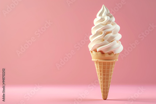 A soft ice cream cone with white swirls of icecream on it.