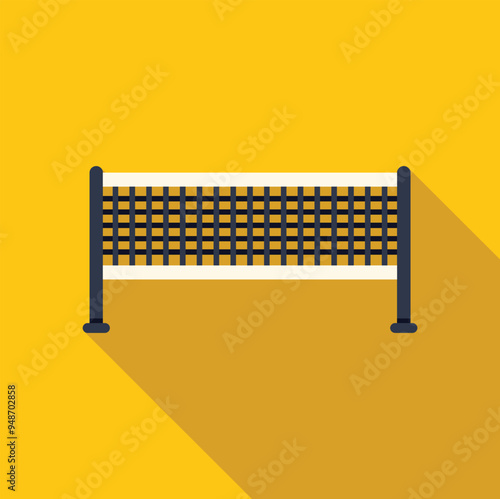 Tennis net dividing the court casting a long shadow on a yellow background