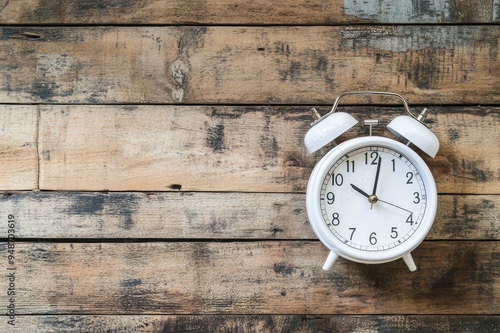 Change time. Summer time concept, on a wooden background. A white alarm clock with a minute hand indicates that the time has been moved forward an hour with copy space with generative ai Change time. Summer time concept, on a wooden background. A white alarm clock with a minute hand indicates that the time has been moved forward an hour with copy space with generative ai