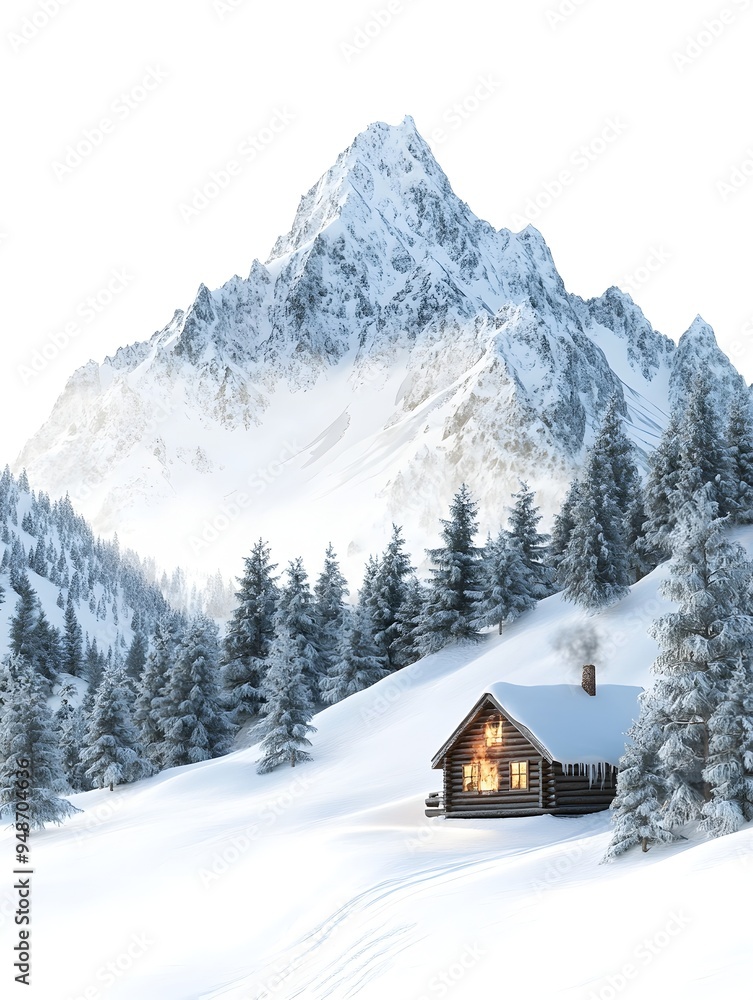 Cozy Cabin Nestled in Snowy Mountain Landscape with Towering Peaks and Evergreen Forests Cozy Cabin Nestled in Snowy Mountain Landscape with Towering Peaks and Evergreen Forests