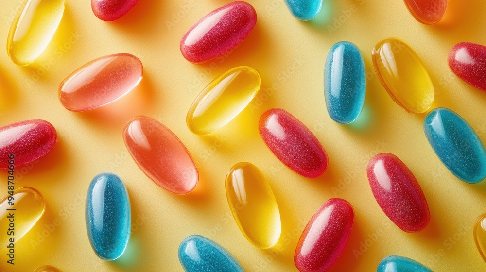 vividly colored gummy supplements on a vibrant backdrop, promoting the idea of revitalizing health great for a concept banner vividly colored gummy supplements on a vibrant backdrop, promoting the idea of revitalizing health great for a concept banner