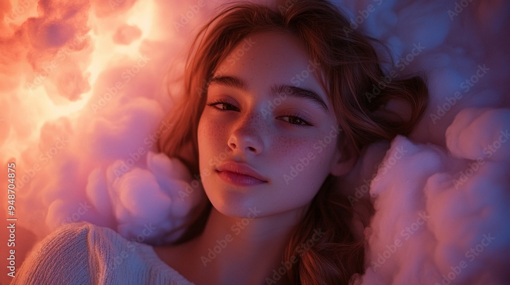 Dreamy Portrait of a Young Woman Surrounded by Soft Clouds and Warm Light Dreamy Portrait of a Young Woman Surrounded by Soft Clouds and Warm Light