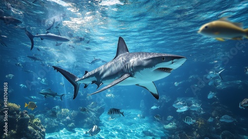 A wide-angle view of a shark hunting in its natural habitat, with schools of smaller fish scattered around and the shark in mid-action.