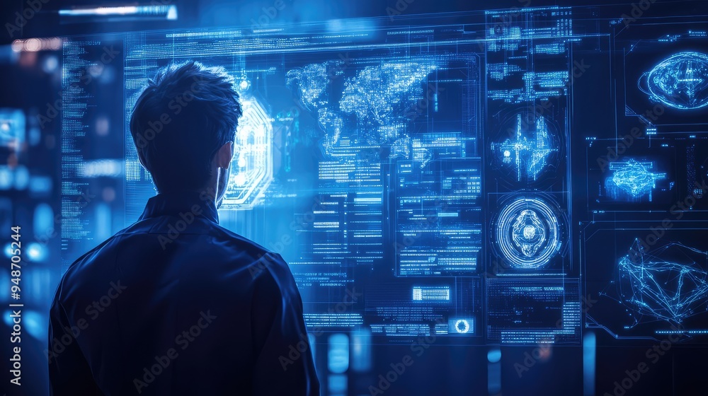 A hacker attempting to breach an AI system, highlighting cybersecurity challenges A hacker attempting to breach an AI system, highlighting cybersecurity challenges