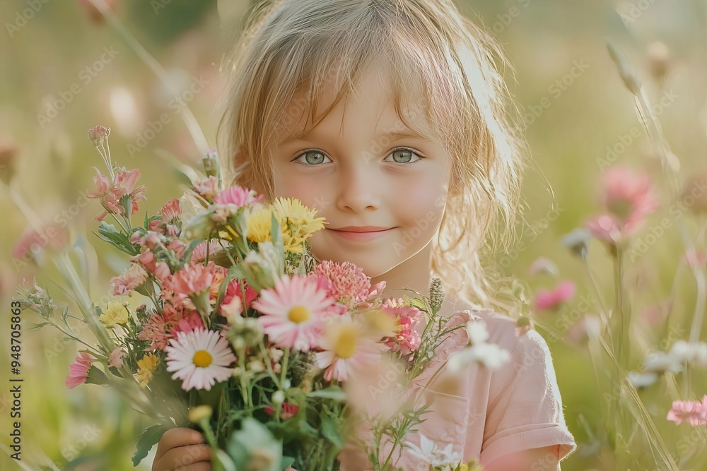 A cheerful girl holding a bouquet of vibrant flowers in a sunlit field, capturing the essence of joy and nature. A cheerful girl holding a bouquet of vibrant flowers in a sunlit field, capturing the essence of joy and nature.