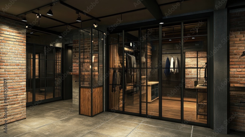 A modern walk-in closet with glass doors and brick walls. A modern walk-in closet with glass doors and brick walls.