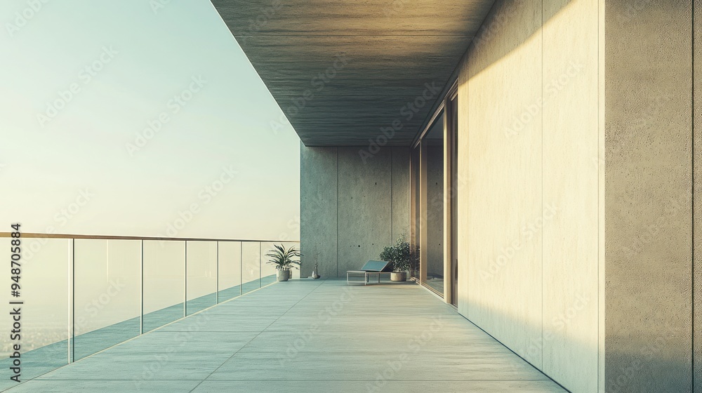 Obraz premium Modern balcony with glass railing and concrete walls.