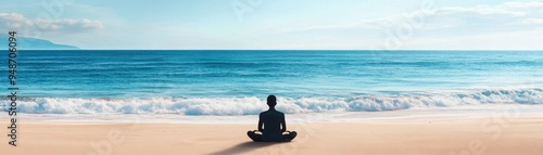 Deserted beach with a meditating figure, waves gently crashing, 3D illustration