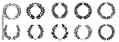 Collection laurel wreath of victory icon. Set black silhouette circular laurel foliate, wheat and oak wreaths depicting an award, achievement, heraldry. Emblem floral greek branch flat icons