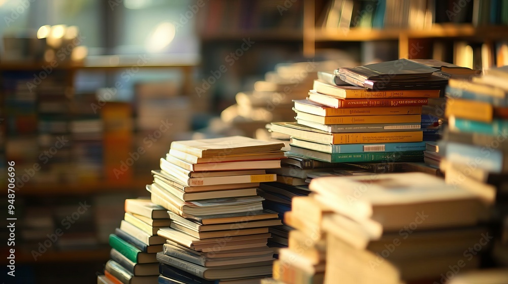 Fototapeta premium A cozy scene of stacked books in a library, inviting readers to explore stories and knowledge within each page.