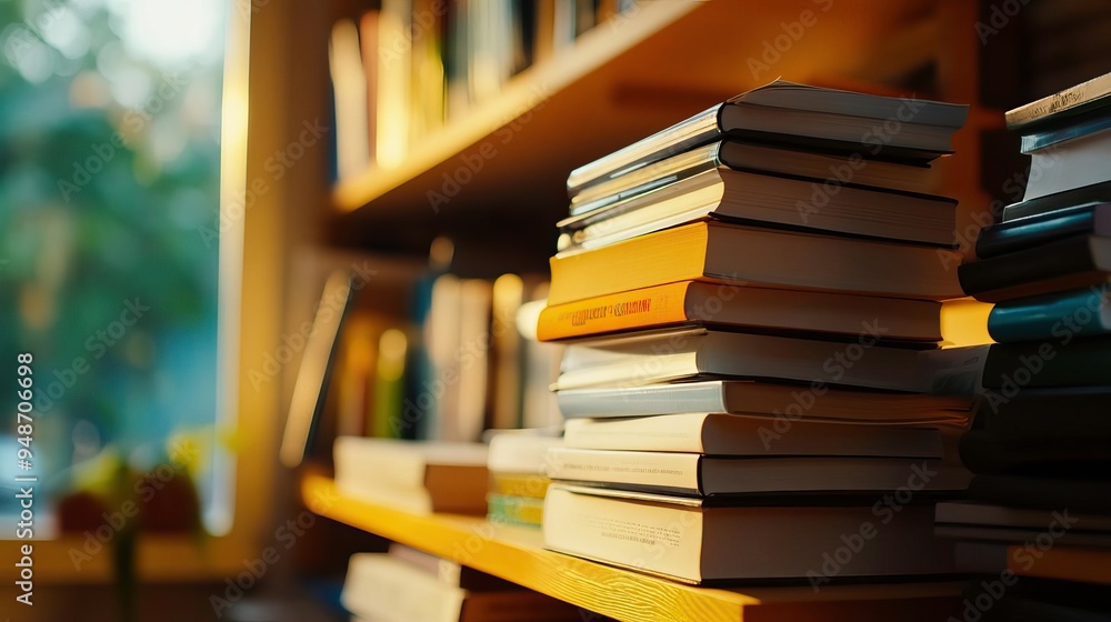 A cozy corner with stacked books on a shelf, illuminated by warm sunlight, perfect for fostering a love for reading. A cozy corner with stacked books on a shelf, illuminated by warm sunlight, perfect for fostering a love for reading.