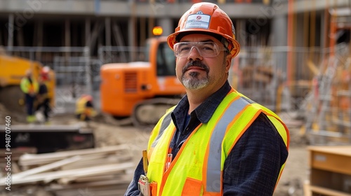 An experienced engineer specializing in safety equipment oversees the implementation and utilization of safety protocols and gear at a construction site. photo