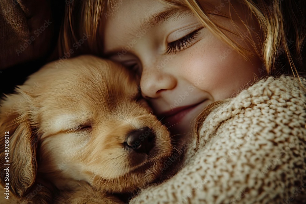 A joyful child cuddles a golden puppy, showcasing love and warmth in a cozy atmosphere. A joyful child cuddles a golden puppy, showcasing love and warmth in a cozy atmosphere.