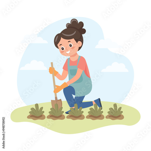 Girl with a shovel taking care of a plant. Woman gardener in spring. Cute flat style illustration.