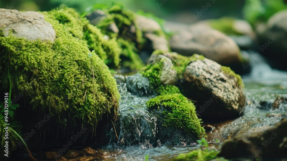 Moss-covered rocks by a gentle stream, capturing the serene beauty of nature in a soft, green setting. Moss-covered rocks by a gentle stream, capturing the serene beauty of nature in a soft, green setting.