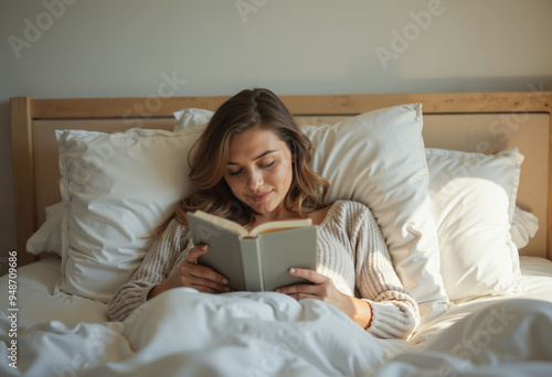 A woman reads in bed in the morning