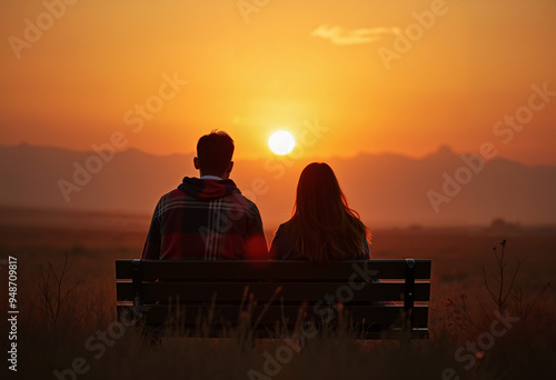 A couple sits on a bench and watches the sunset